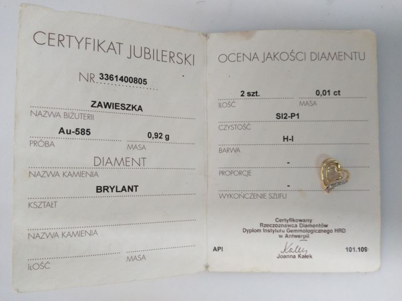 ZŁOTA ZAWIESZAKA SERCE +CERTYFIKAT APART 585 0,92