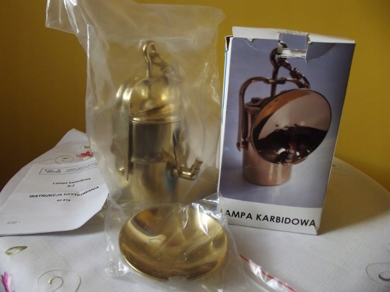 Mosiężna lampa karbidowa górnicza, nowa