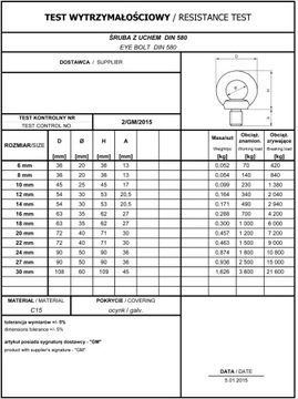 ВИНТ С УШКОЙ DIN 580 М20 - 1 шт./СЕРТИФИКАТ.