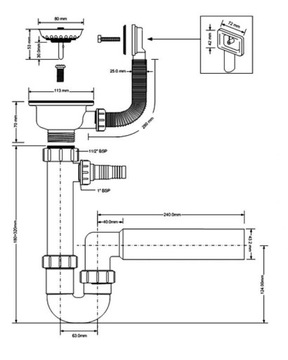 Сифон для мойки McAlpine на 1 отделение. Вылет 113мм.