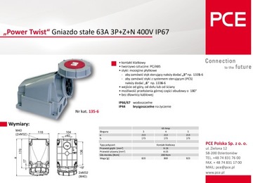 Gniazdo stałe 63A 5P 400V IP67 135-6TWIST PCE