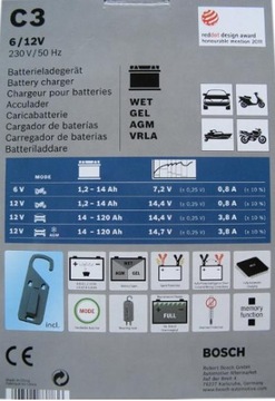 Зарядное устройство BOSCH C3, автоматический выпрямитель, 6В 12В