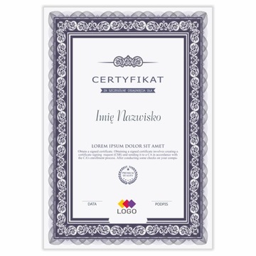 Certyfikaty druk certyfikatów dyplomy z logo dla firm + personalizacja