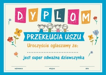 DYPLOM przekłucia uszu dla odważnej dziewczynki