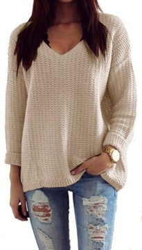 Mikos Polski elegancki sweter damski oversize w serek 627 col V beżowy