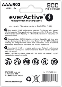 КОМПЛЕКТ БАТАРЕЙ 4x EVERACTIVE AAA R03 800MAH