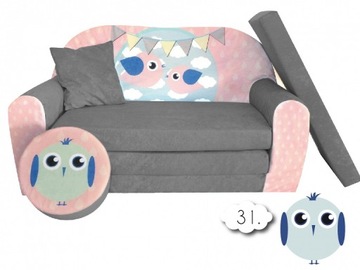 Sofa Kanapa Łóżko Dla Dzieci Rozkładane Bird Grey