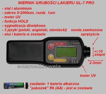 MIERNIK GRUBOŚCI LAKIERU GL-7 PRO Fe ALU UV +bater