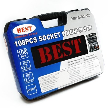 ZESTAW KLUCZY NASADOWYCH KLUCZE NASADOWE 108 EL. ZESTAW WALIZKA DO AUTA