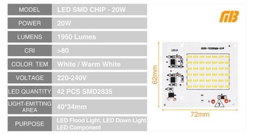 LED COB MODULE 20Вт SMD2835 холодный белый 230В