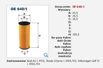 FILTR OLEJU OE640/1 AUDI SEAT VW SKODA 1.9TDI