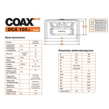 АВТОМОБИЛЬНЫЕ КОЛОНКИ HERTZ DCX 100.3 10 см, 60 Вт, 2-полосные