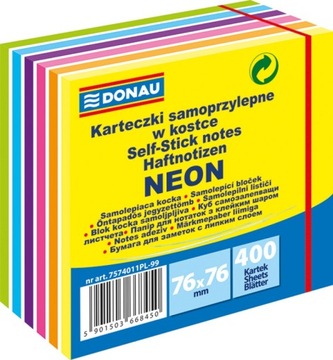 KARTECZKI SAMOPRZYLEPNE, KOSTKA SAMOPRZYLEPNA DONAU, 76X76MM, 400 KARTEK