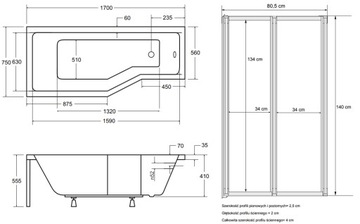 INTEGRA ВАННА 170x75 ЛЕВАЯ + КОРПУС + СИФОН + ЭКРАН 2-S