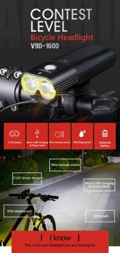 Велосипедный фонарь GACIRON V9D-1600 2x Cree XML-2 USB