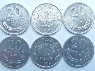 Moneta 20 gr groszy 1976 r duże 6 w dacie mennicza