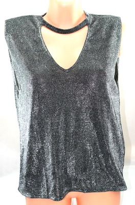Bluzka Bershka sexy czarna srebrna nitka dekolt XS
