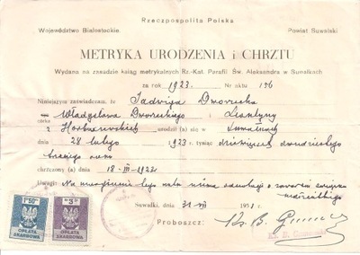 METRYKA URODZENIA I CHRZTU Z SUWAŁK Z 1951 ROKU.