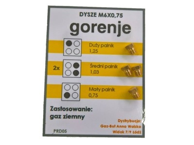 Dysze GORENJE kuchenki płyty GAZ ZIEMNY Z SIECI