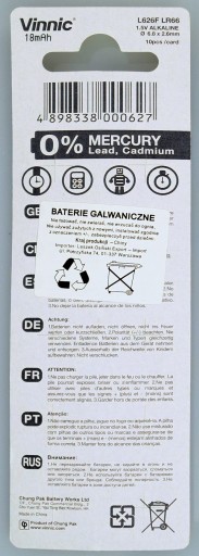 10 шт. AG4 VINNIC щелочная батарейка 377 626 G4 LR66