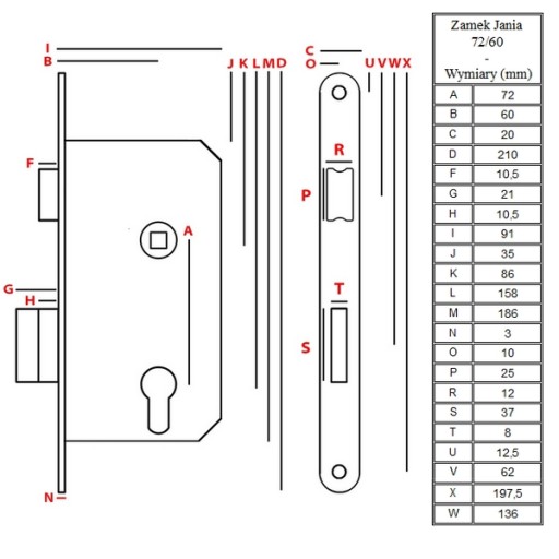 JANIA Zamek 72/60 WKŁADKA wpuszczany do drzwi Z007