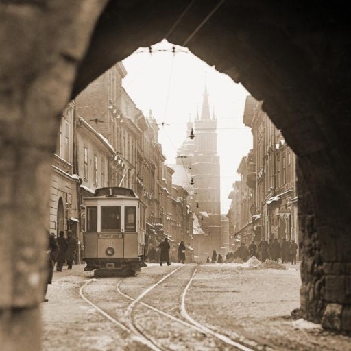 Obraz Tramwaj na Floriańskiej sepia 30x30 płótno