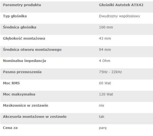 Głośniki samochodowe dwudrożne Autotek ATX42 średnica 100 mm moc 60W RMS