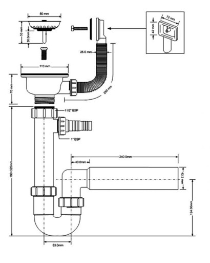 Сифон для мойки McAlpine на 1 отделение. Вылет 113мм.
