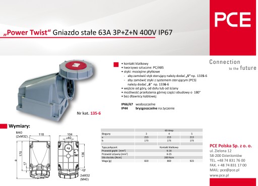 Gniazdo stałe 63A 5P 400V IP67 135-6TWIST PCE