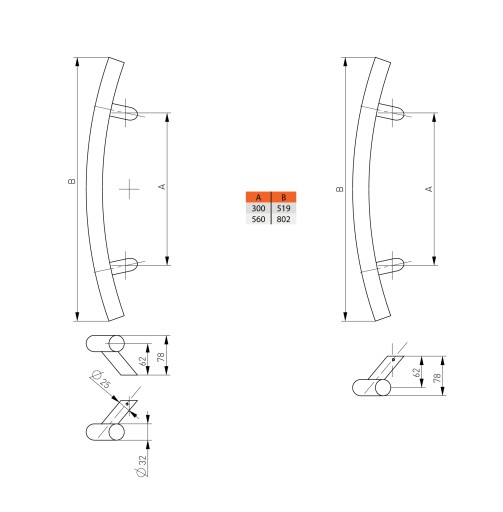 ручка-ручка дверная ручка INOX fi32mm560/802/45