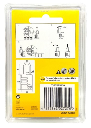 кодовый навесной замок для чемодана Yale Y150/22/120/1