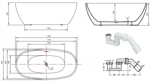 СВОБОДНОСТОЯЩАЯ ванна ODIN 150x80 + СИФОН CLICK-CLACK