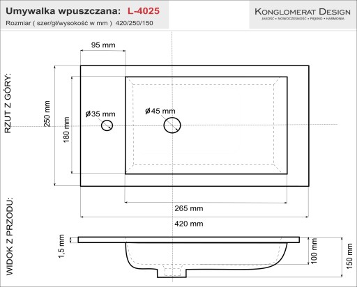 Умывальник Line 40M NanoShine Маленький, тонкий бортик, 40x25