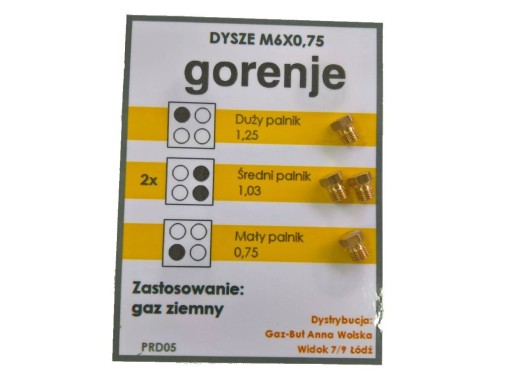 Dysze GORENJE kuchenki płyty GAZ ZIEMNY Z SIECI