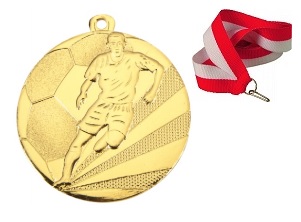 MEDAL ZŁOTY PIŁKA NOŻNA 50MM + WSTĄŻKA BRĄZ SREBRO