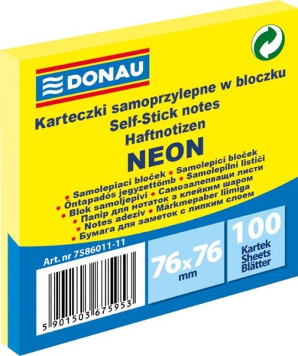 KARTECZKI SAMOPRZYLEPNE W BLOCZKU 76x76mm, 100 KARTEK, ŻÓŁTE NEONOWE