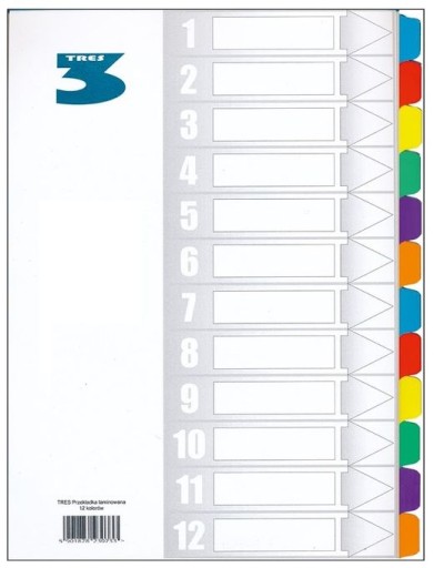 PRZEKŁADKI DO SEGREGATORA A4 LAMINOWANE NUMERYCZNE 1-12 KOLOROWE