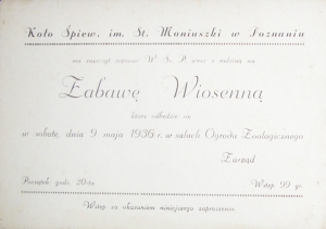 1936 POZNAŃ ZABAWA WIOSENNA ZOO ZAPROSZENIE ŚPIEW