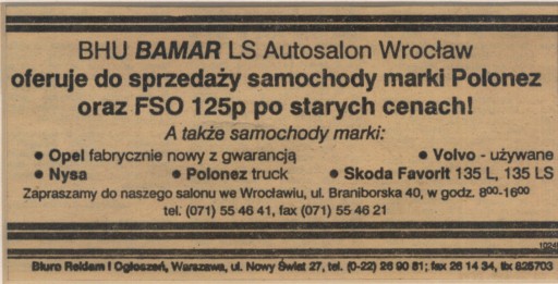 Reklama Autosalon BHU BAMAR Wrocław 1995 r.