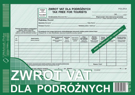 DRUK ZWROT VAT DLA PODRÓŻNYCH TAX FREE A4 180-1U