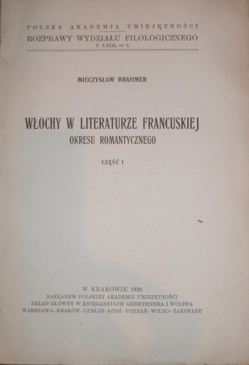 BRAHMER WŁOCHY W LITERATURZE FRANCUSKIEJ 1930