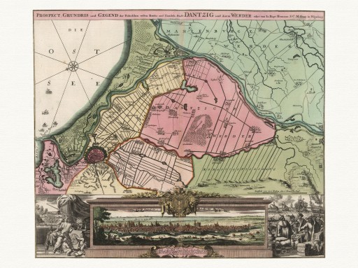 GDAŃSK Pomorze mapa 1716 rok płótno