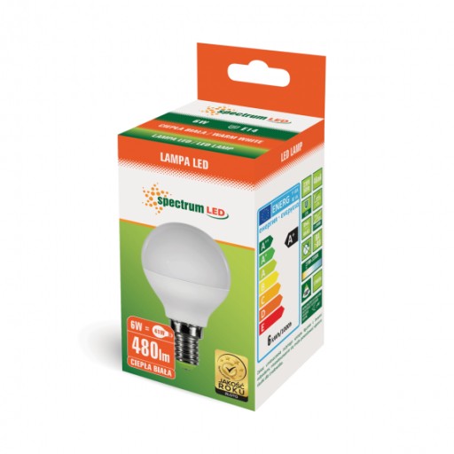 Żarówka Led E14 6W kulka biała ciepła, spectrum