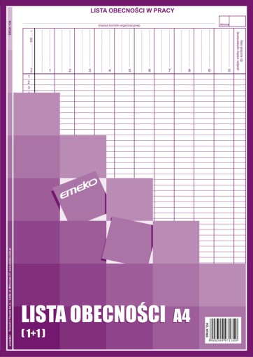 LISTA OBECNOŚCI w pracy A4 offset 40k. Emeko 134