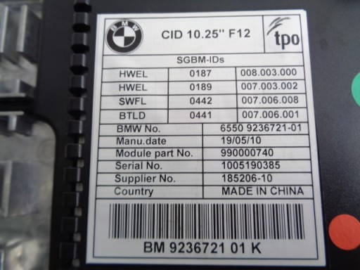 BMW 6 F12 F13 10-> display LCD 9236721 01K